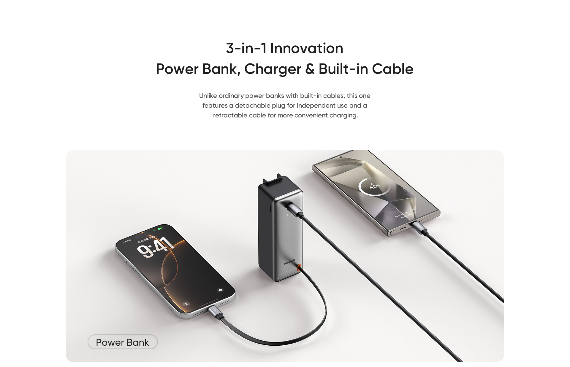Mcdodo 3-in-1 Retractable Power Bank 30W - Black image 8